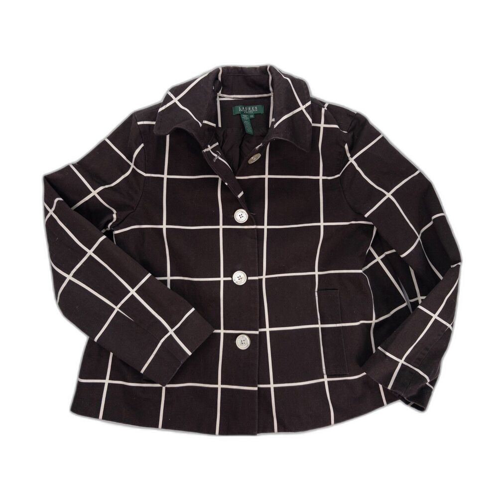 Lauren Ralph Lauren Womens Petite Large Brown White Plaid Blazer Cotton